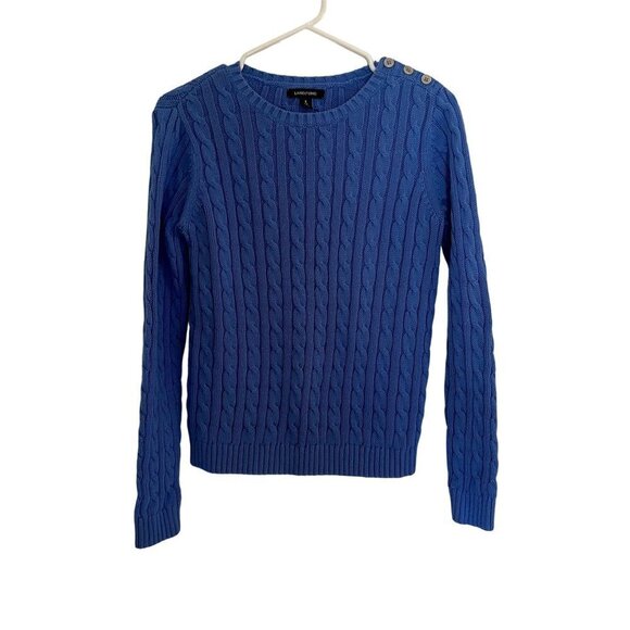 Lands' End blue buttons long sleeved knit crewneck warm sweater cotton top - Picture 1 of 5